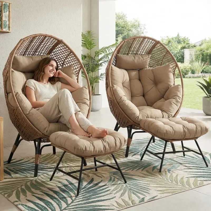 NICESOUL 2 Person Egg Chair Indoor Outdoor Stationary Wicker Large Egg Seating Large Egg Basket Lounge Chair with Ottoman