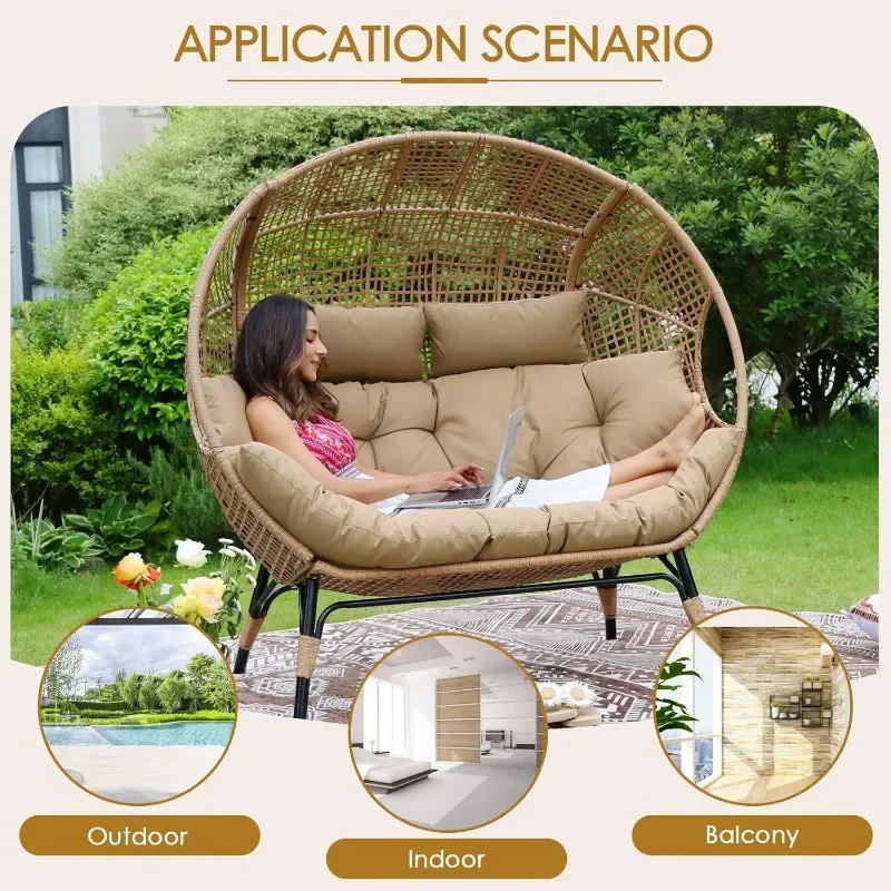 NICESOUL 2 Person Egg Chair Indoor Outdoor Stationary Wicker Large Egg Seating Large Egg Basket Lounge Chair with Ottoman