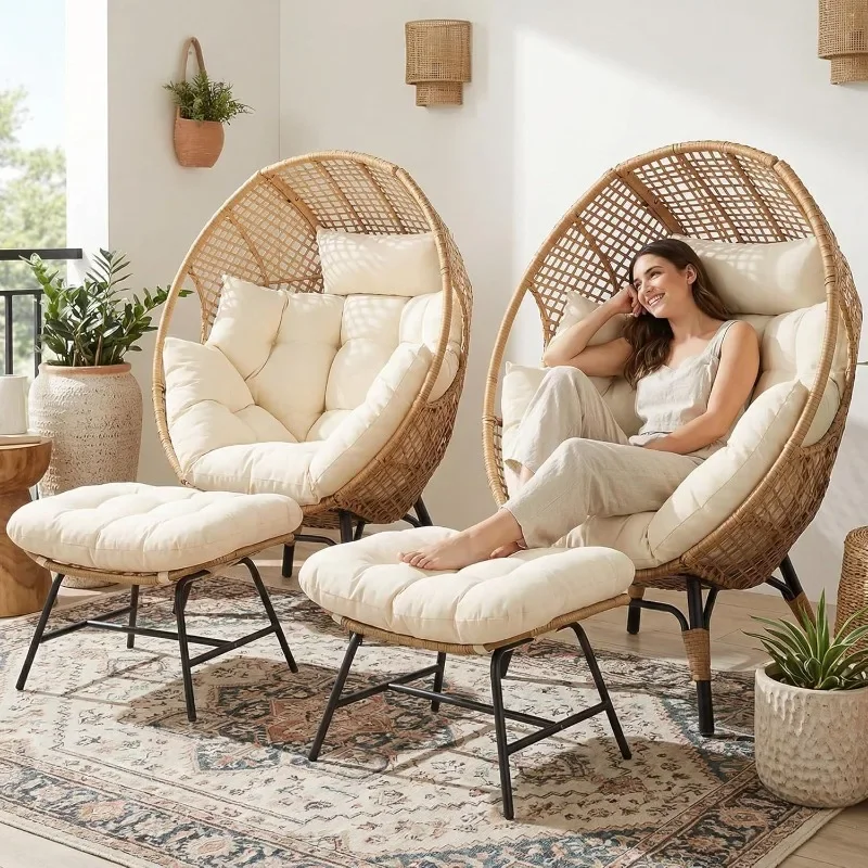NICESOUL 2 Person Egg Chair Indoor Outdoor Stationary Wicker Large Egg Seating Large Egg Basket Lounge Chair with Ottoman