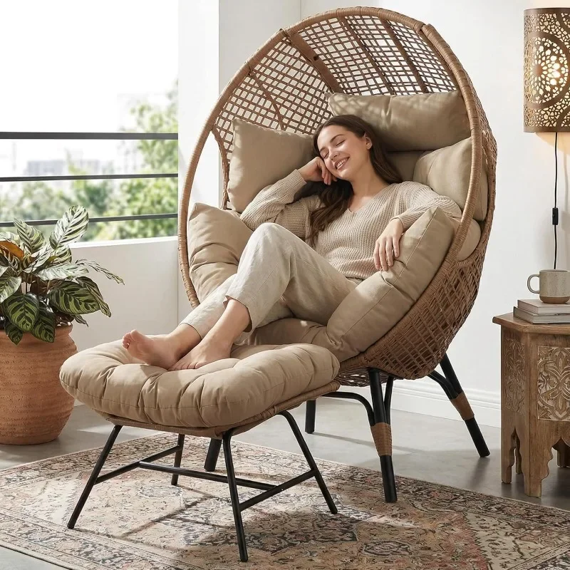 NICESOUL 2 Person Egg Chair Indoor Outdoor Stationary Wicker Large Egg Seating Large Egg Basket Lounge Chair with Ottoman