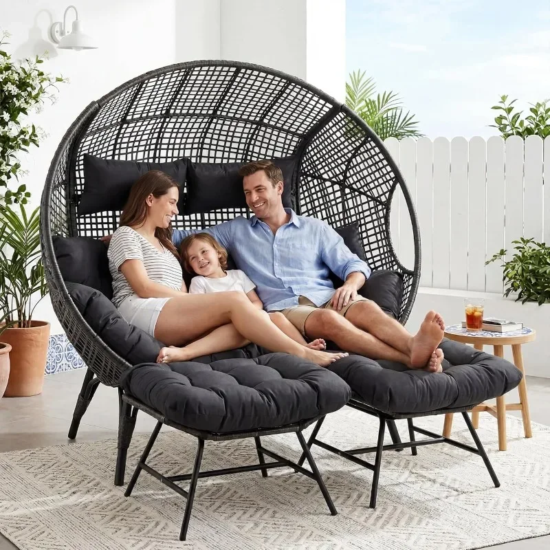 NICESOUL 2 Person Egg Chair Indoor Outdoor Stationary Wicker Large Egg Seating Large Egg Basket Lounge Chair with Ottoman
