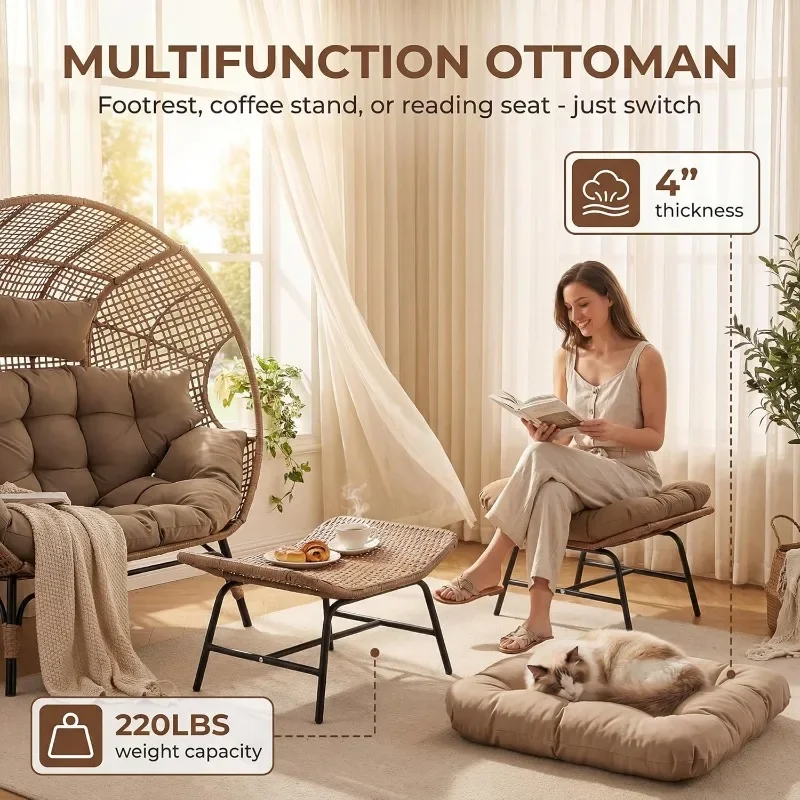 NICESOUL 2 Person Egg Chair Indoor Outdoor Stationary Wicker Large Egg Seating Large Egg Basket Lounge Chair with Ottoman
