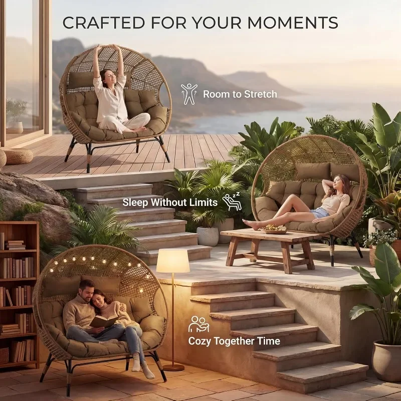 NICESOUL 2 Person Egg Chair Indoor Outdoor Stationary Wicker Large Egg Seating Large Egg Basket Lounge Chair with Ottoman