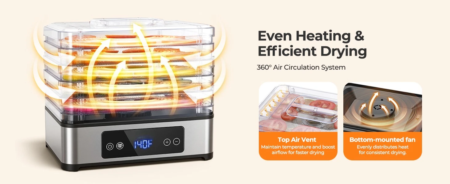 5 Trays Food Dehydrator , 400W Powerful Drying, 48H Timer & 95–160°F Temp Control, Quiet Small Dryer for Jerky, Fruits, Herbs, Mushrooms