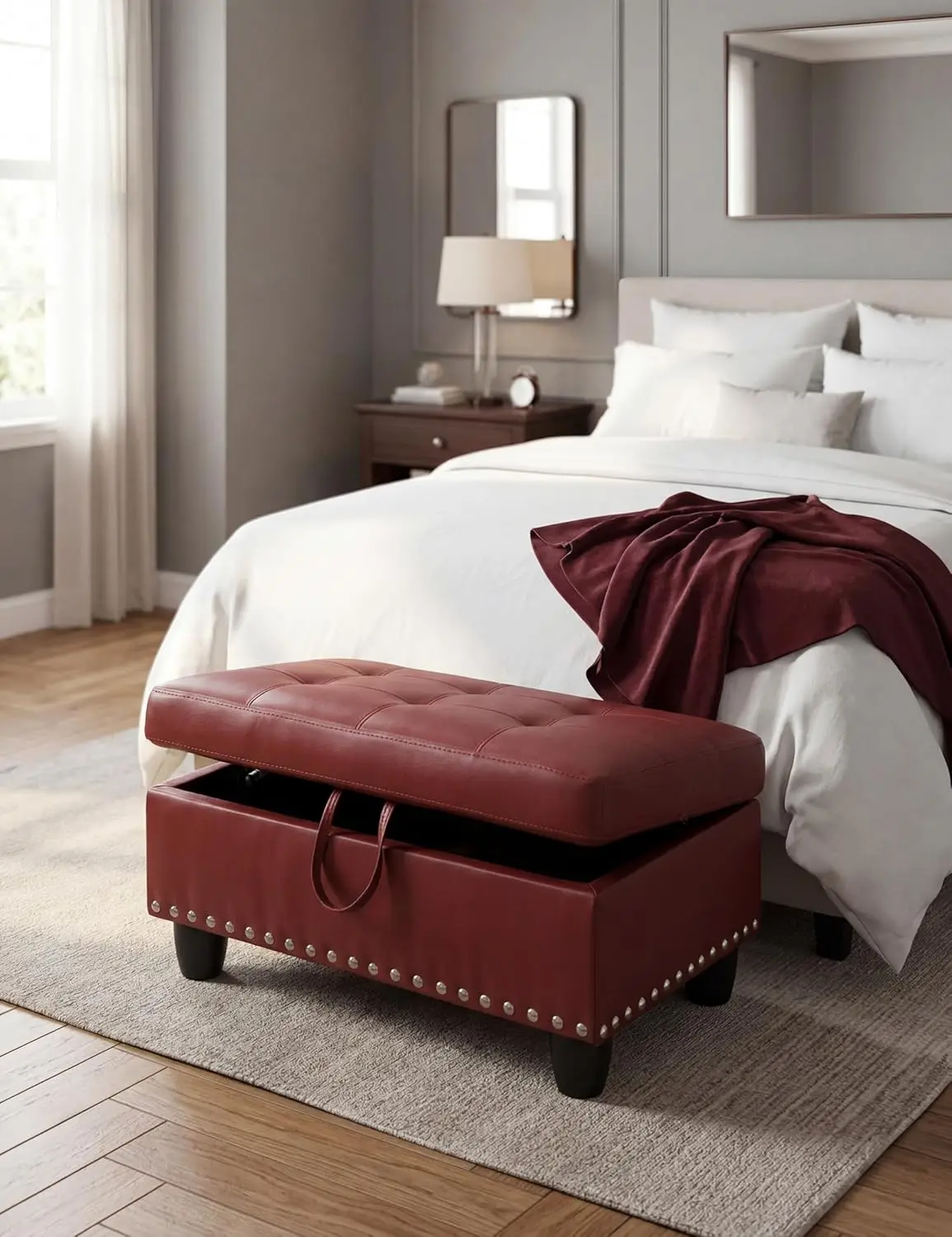 Ottoman with Storage, 28.5 inch Faux Leather Storage Ottoman with Padded Seat, Large Entryway Bench with Solid Wood, Customized