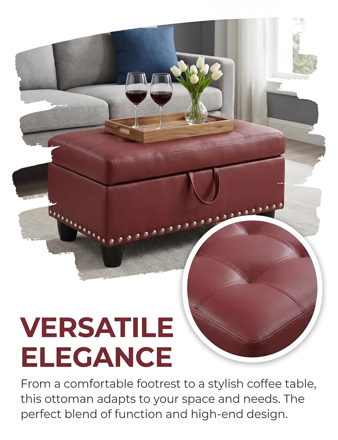 Ottoman with Storage, 28.5 inch Faux Leather Storage Ottoman with Padded Seat, Large Entryway Bench with Solid Wood, Customized