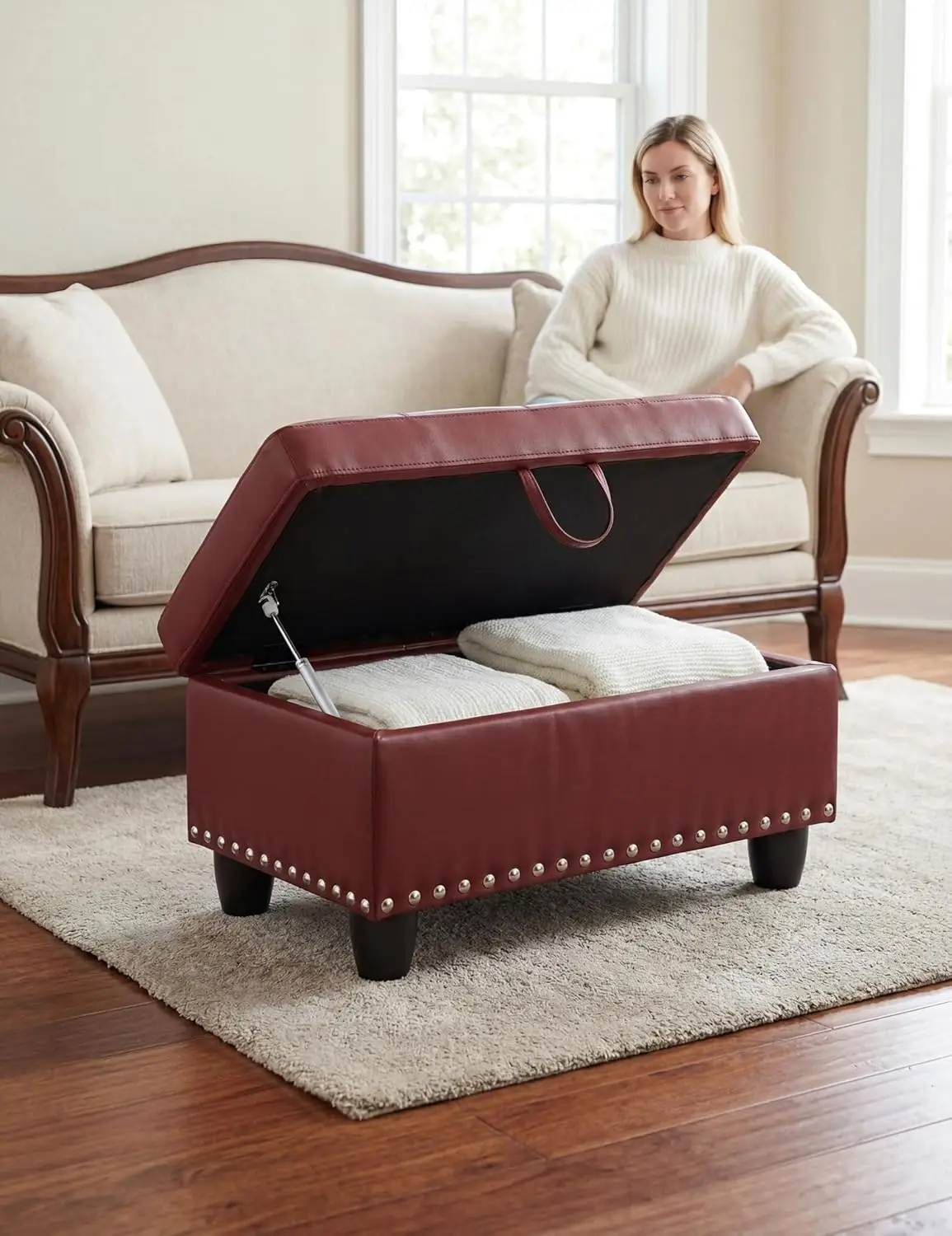 Ottoman with Storage, 28.5 inch Faux Leather Storage Ottoman with Padded Seat, Large Entryway Bench with Solid Wood, Customized