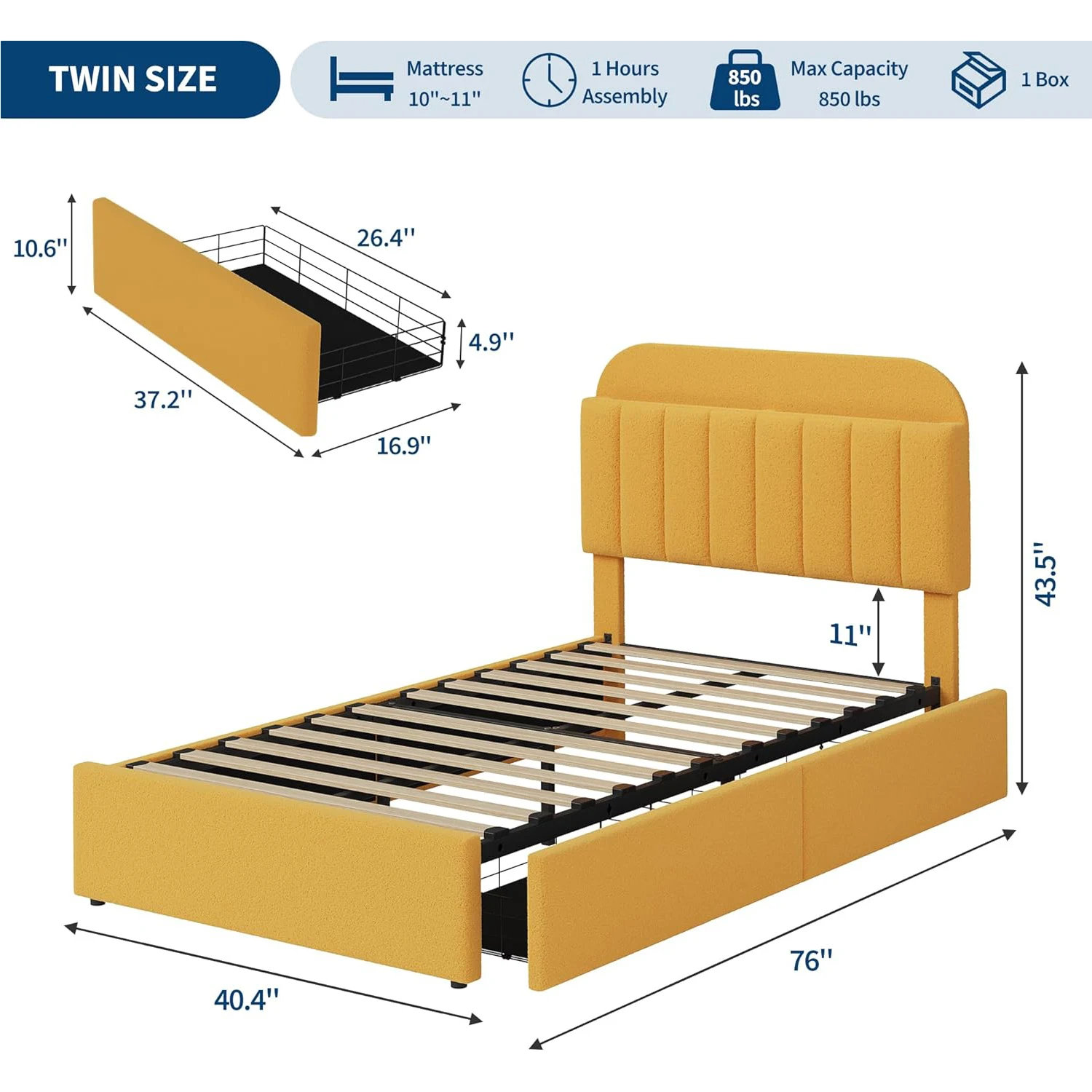 Twin Bed Frame with Storage Headboard Kids Bed Frame with 2 Drawers, Boucle Upholstered Platform Bed with Bookcase Easy Assembly