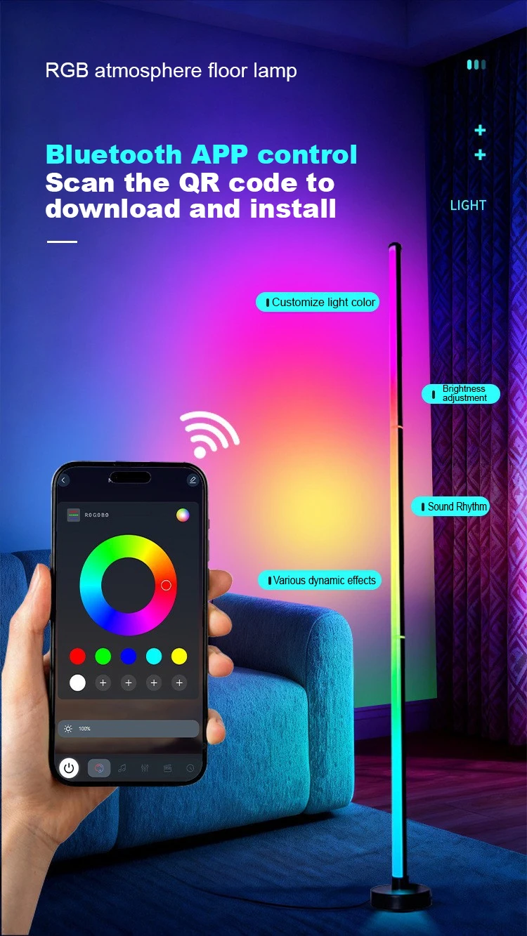 Corner Floor Lamp With Music Sync, Smart Modern LED Corner With Remote Control, RGB DIY LED Lamp Changing Ambience Light, Color Changing Standing Floor Lamp For Living Room Gaming Room