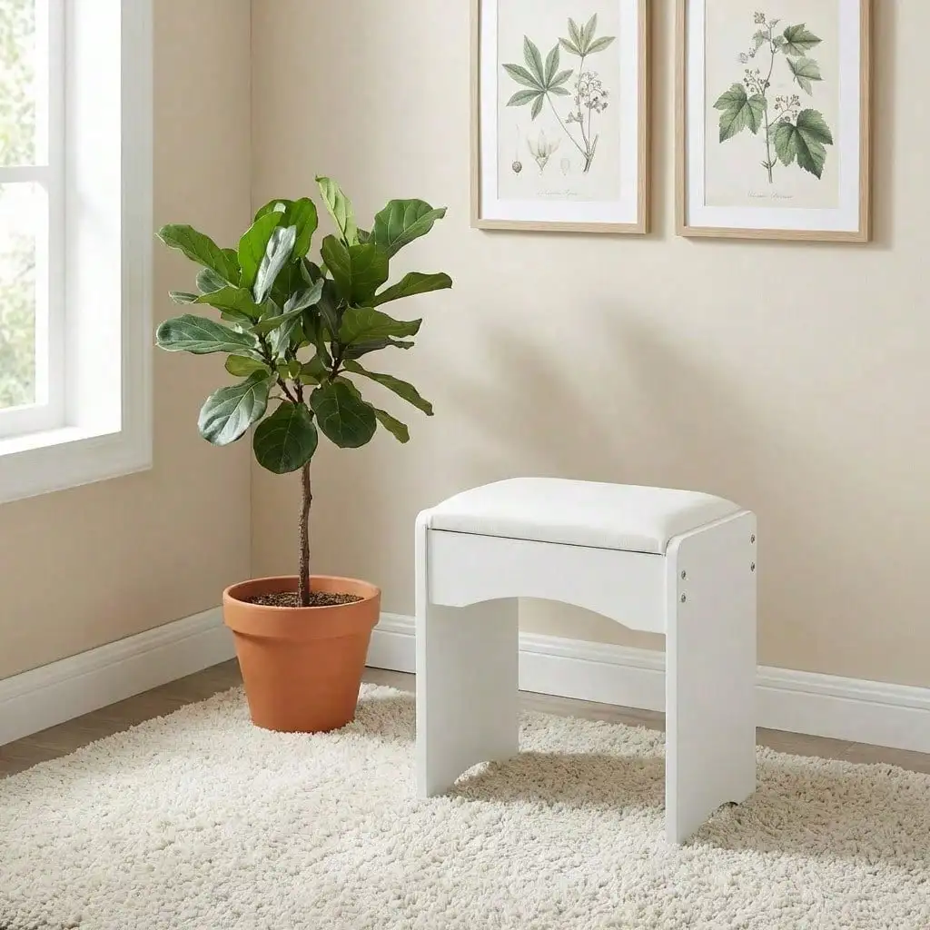 Modern Minimalist White Vanity Stool, Soft Padded Makeup Bench For Bedroom Vanity & Piano, Comfortable Stylish Seating