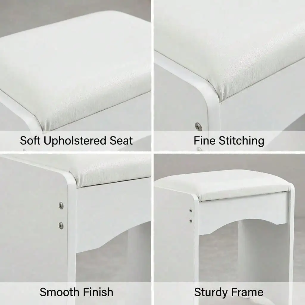 Modern Minimalist White Vanity Stool, Soft Padded Makeup Bench For Bedroom Vanity & Piano, Comfortable Stylish Seating