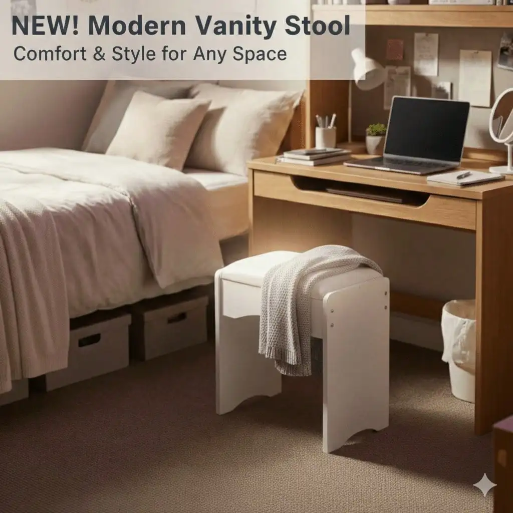 Modern Minimalist White Vanity Stool, Soft Padded Makeup Bench For Bedroom Vanity & Piano, Comfortable Stylish Seating