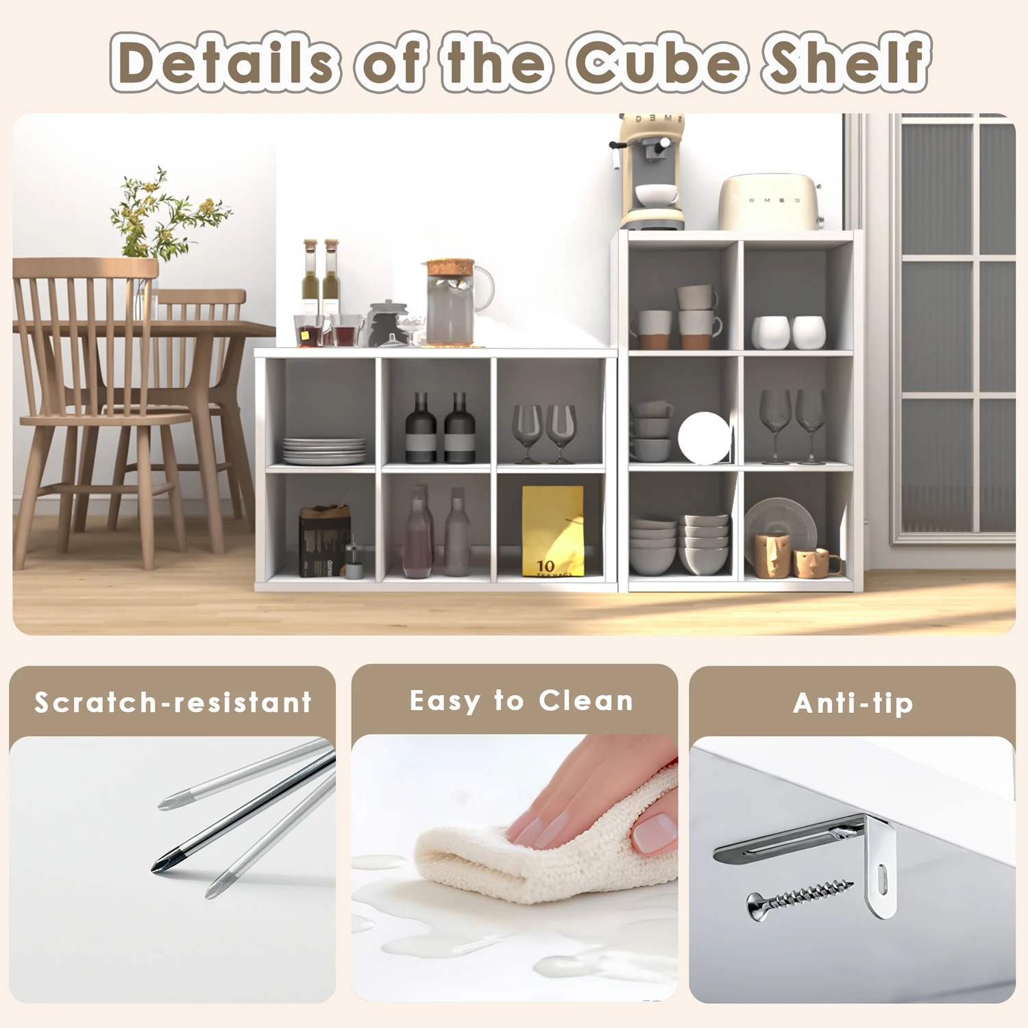 2/3/4/6/8/9 Grid Sturdy Wooden Frame Bookcase, Open Back Cube Storage Cabinet Freestanding Bookshelf Equipped with Anti-Tip Kit Wooden Open Display Shelf for Living Room, Bedroom and Study Open-Style Bookshelf Available in White and Chocolate Brown with O