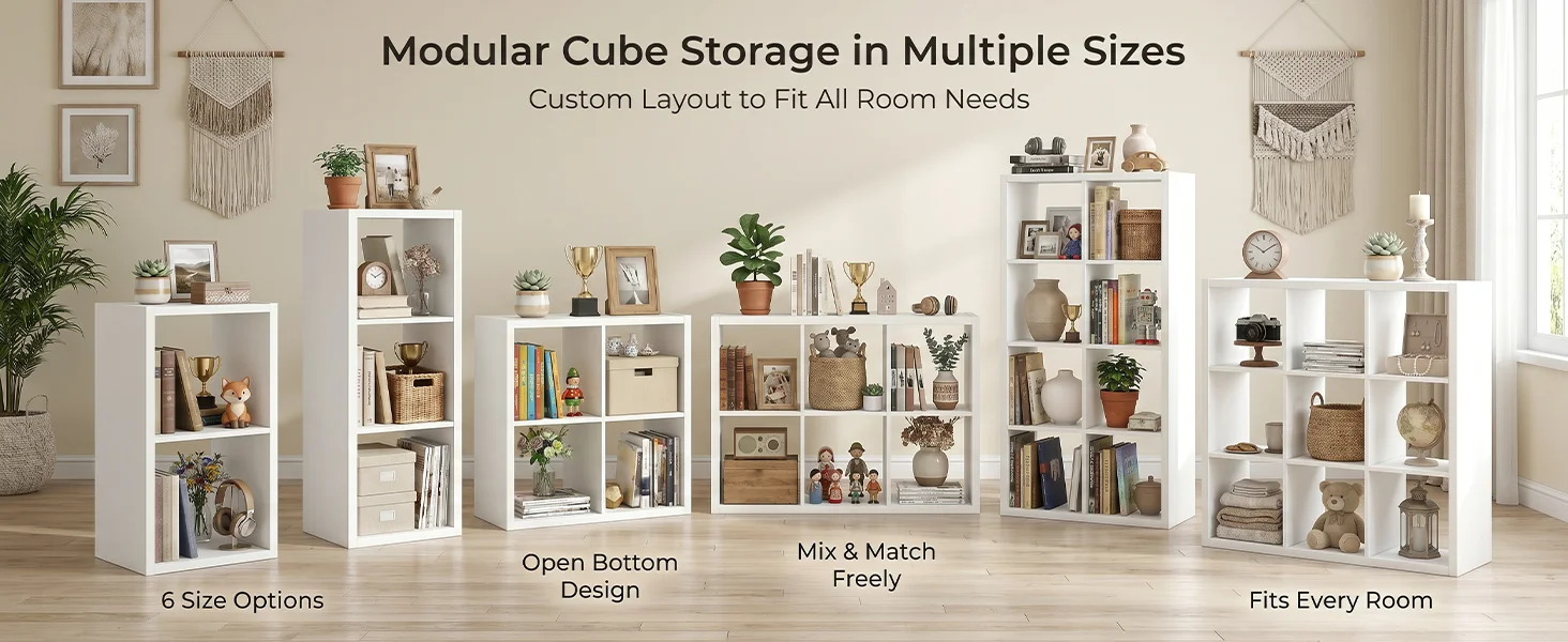 2/3/4/6/8/9 Grid Sturdy Wooden Frame Bookcase, Open Back Cube Storage Cabinet Freestanding Bookshelf Equipped with Anti-Tip Kit Wooden Open Display Shelf for Living Room, Bedroom and Study Open-Style Bookshelf Available in White and Chocolate Brown with O