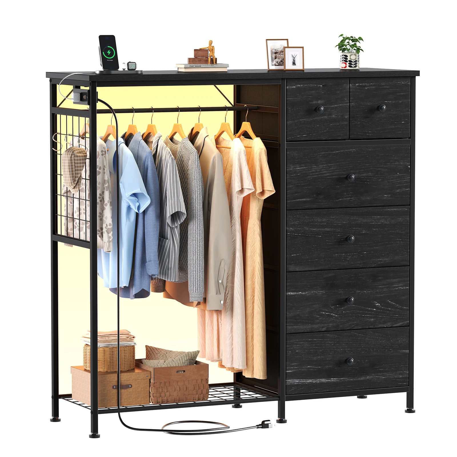 JHK 6 Drawer Fabric Dresser with Hanging Rack for Living Room Closet Storage Organizer with Charging Station and LED Lights for Home Entryway