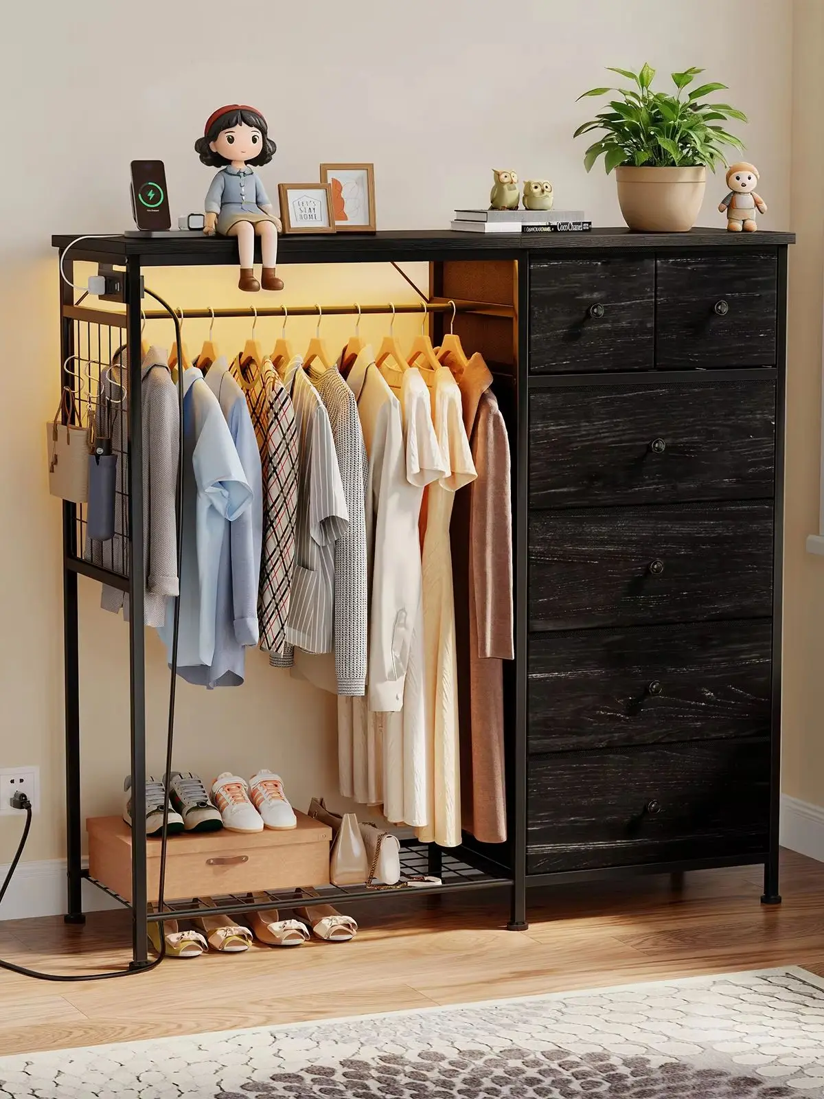JHK 6 Drawer Fabric Dresser with Hanging Rack for Living Room Closet Storage Organizer with Charging Station and LED Lights for Home Entryway