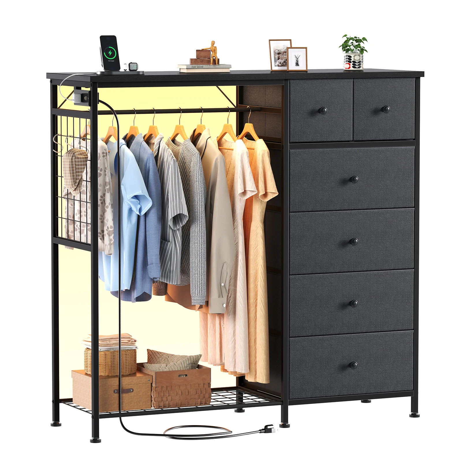 JHK 6 Drawer Fabric Dresser with Hanging Rack for Living Room Closet Storage Organizer with Charging Station and LED Lights for Home Entryway