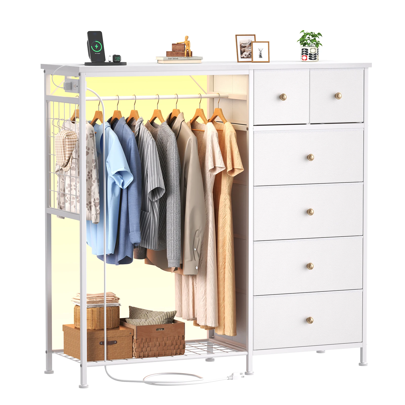 JHK 6 Drawer Fabric Dresser with Hanging Rack for Living Room Closet Storage Organizer with Charging Station and LED Lights for Home Entryway
