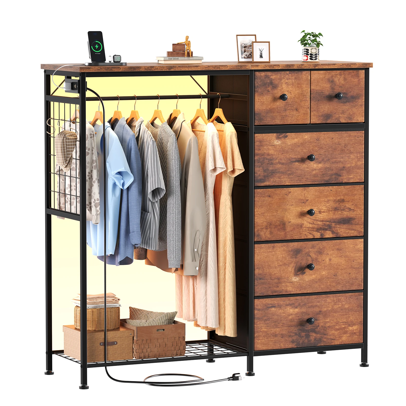 JHK 6 Drawer Fabric Dresser with Hanging Rack for Living Room Closet Storage Organizer with Charging Station and LED Lights for Home Entryway