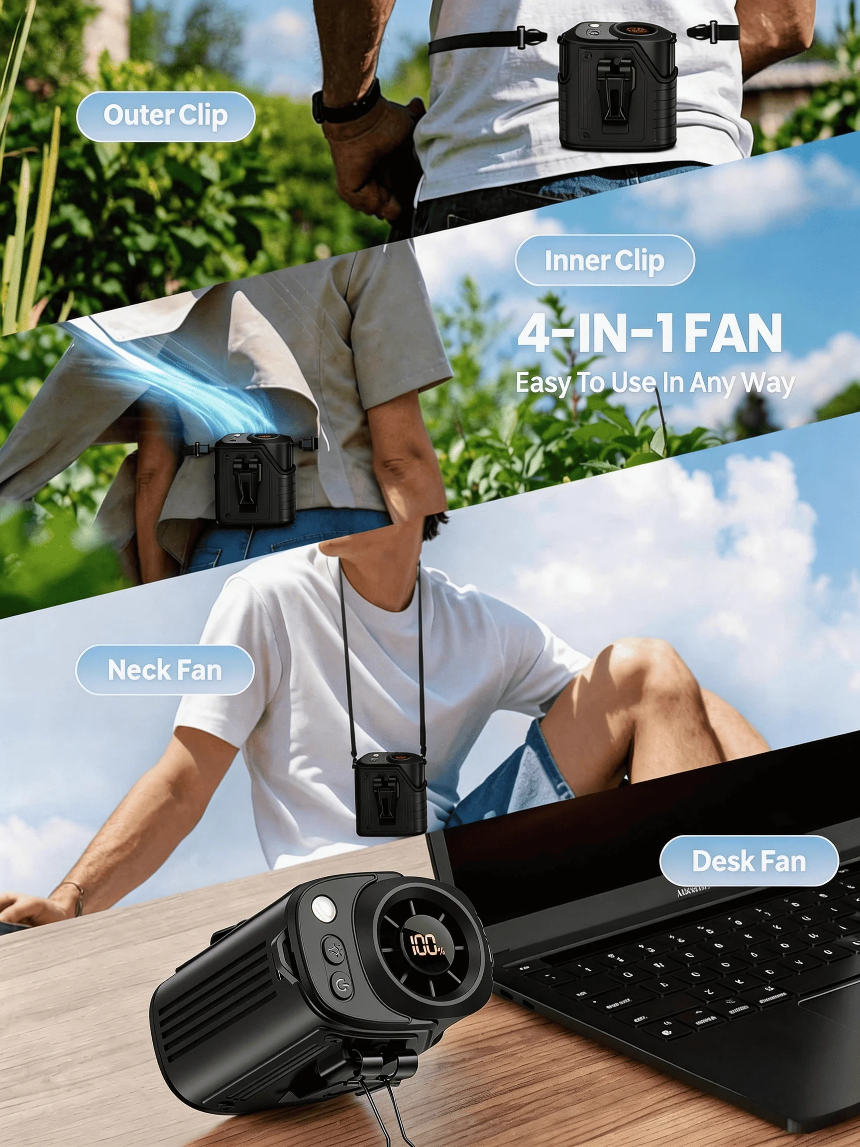 2026 New Waist Portable Fan,Handheld Neck Mini Desktop Fan,Emergency Power Bank Function,5000mAh 10H Long Lasting,100 Speed Adjustable,LED Flashlight&SOS Light,Type-C Rechargeable Ultra Quiet Fan For Camping Outdoor Work Travel Dorm Truck Ideal Gift