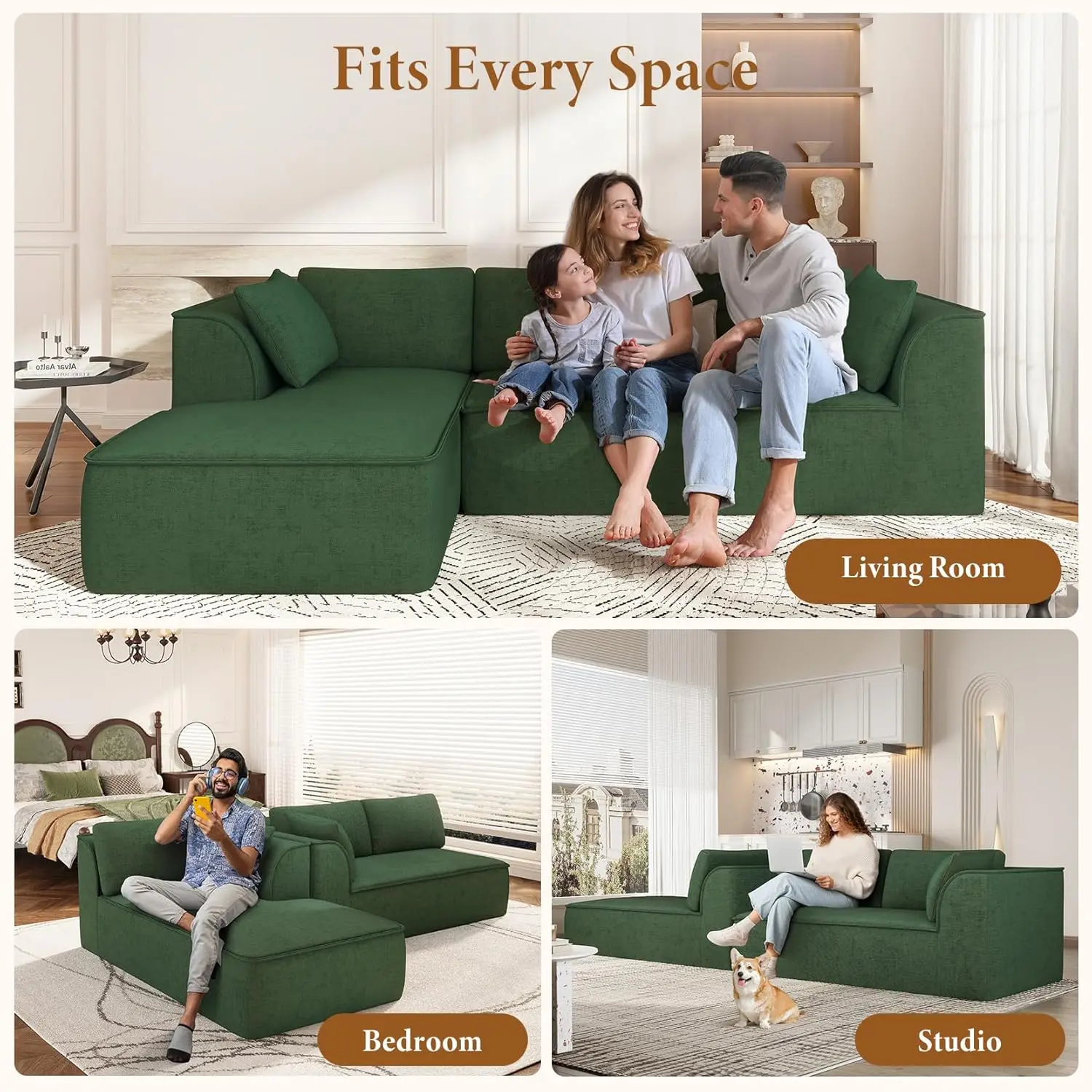 106" Modular Chenille Cloud Sofa, Deep Seat with Memory Foam, Comfy Couch for Living Room, Custom