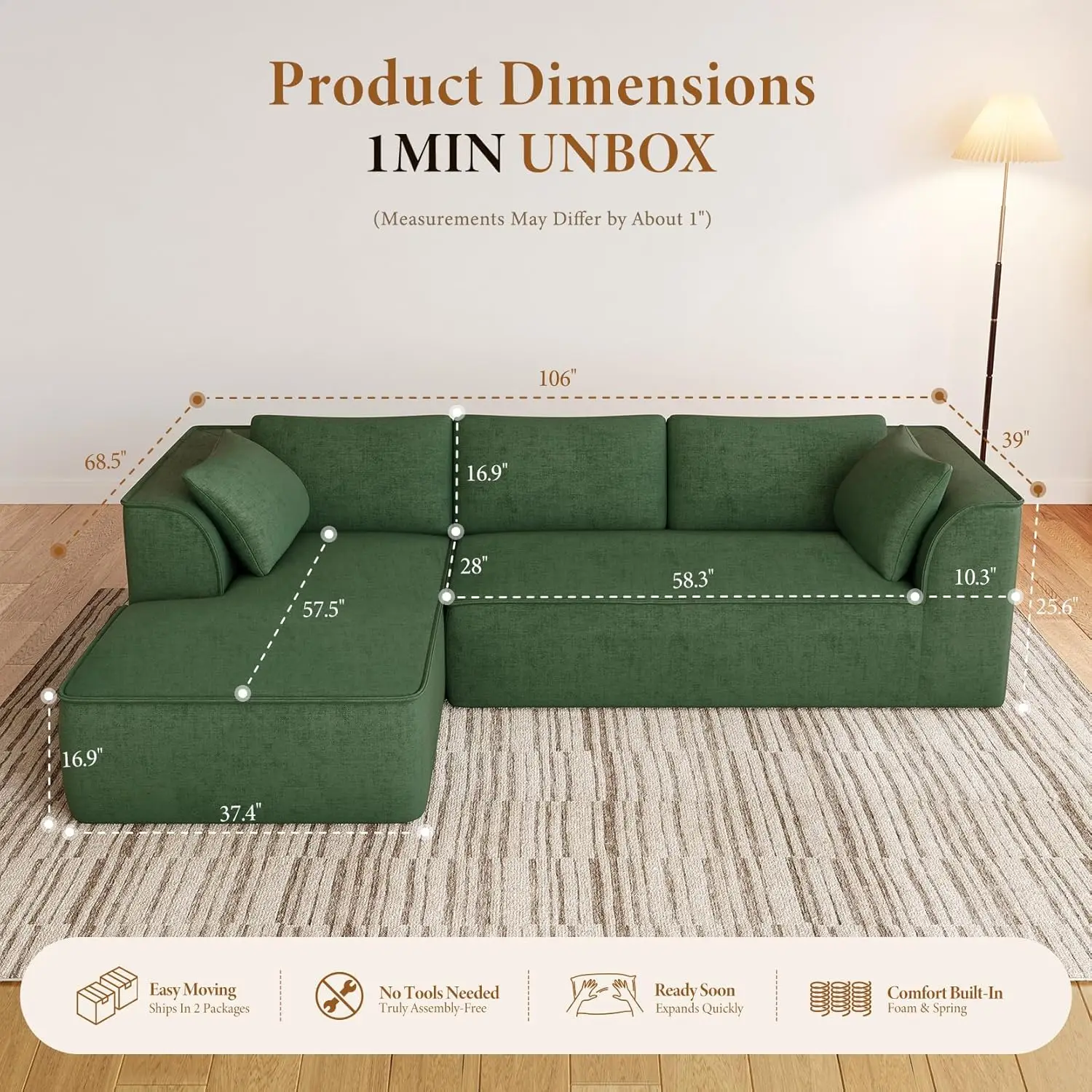 106" Modular Chenille Cloud Sofa, Deep Seat with Memory Foam, Comfy Couch for Living Room, Custom