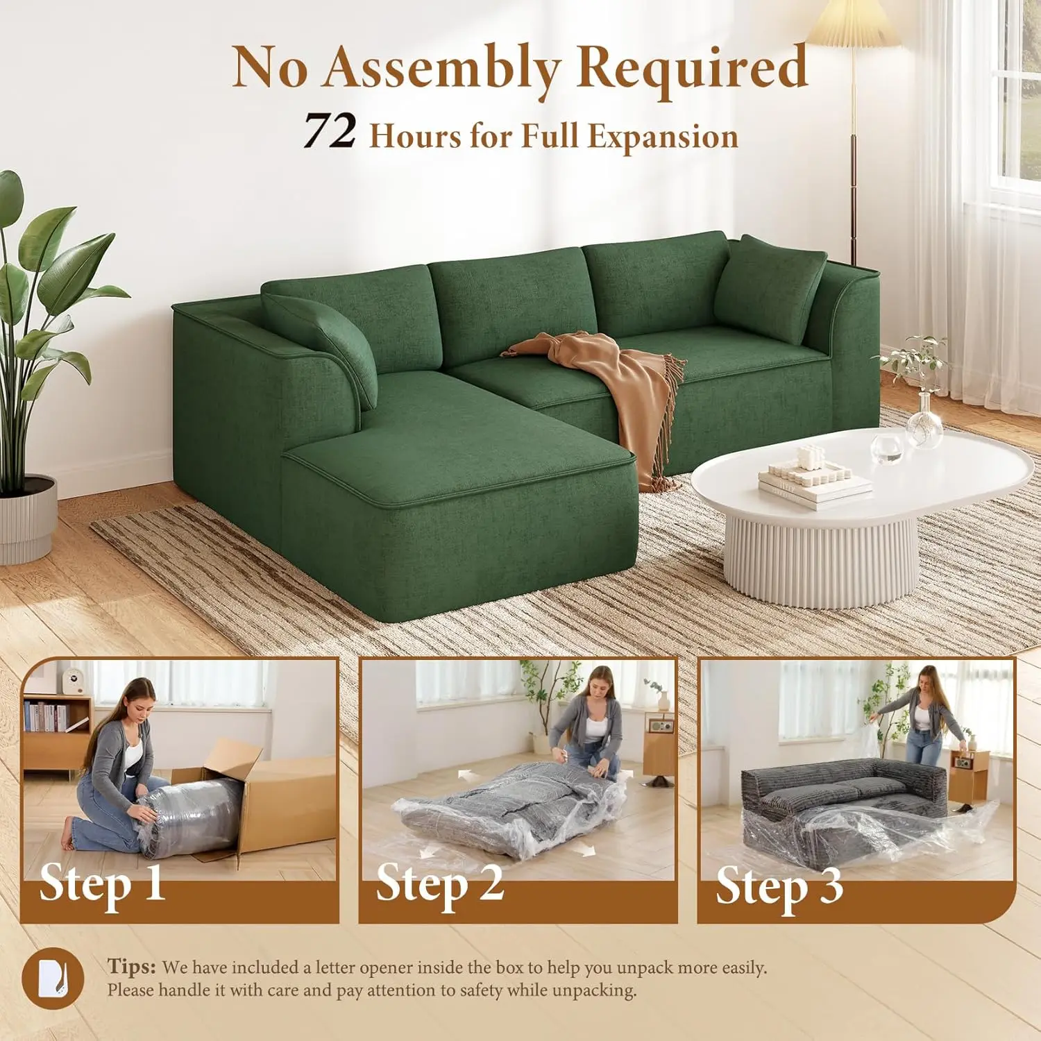 106" Modular Chenille Cloud Sofa, Deep Seat with Memory Foam, Comfy Couch for Living Room, Custom