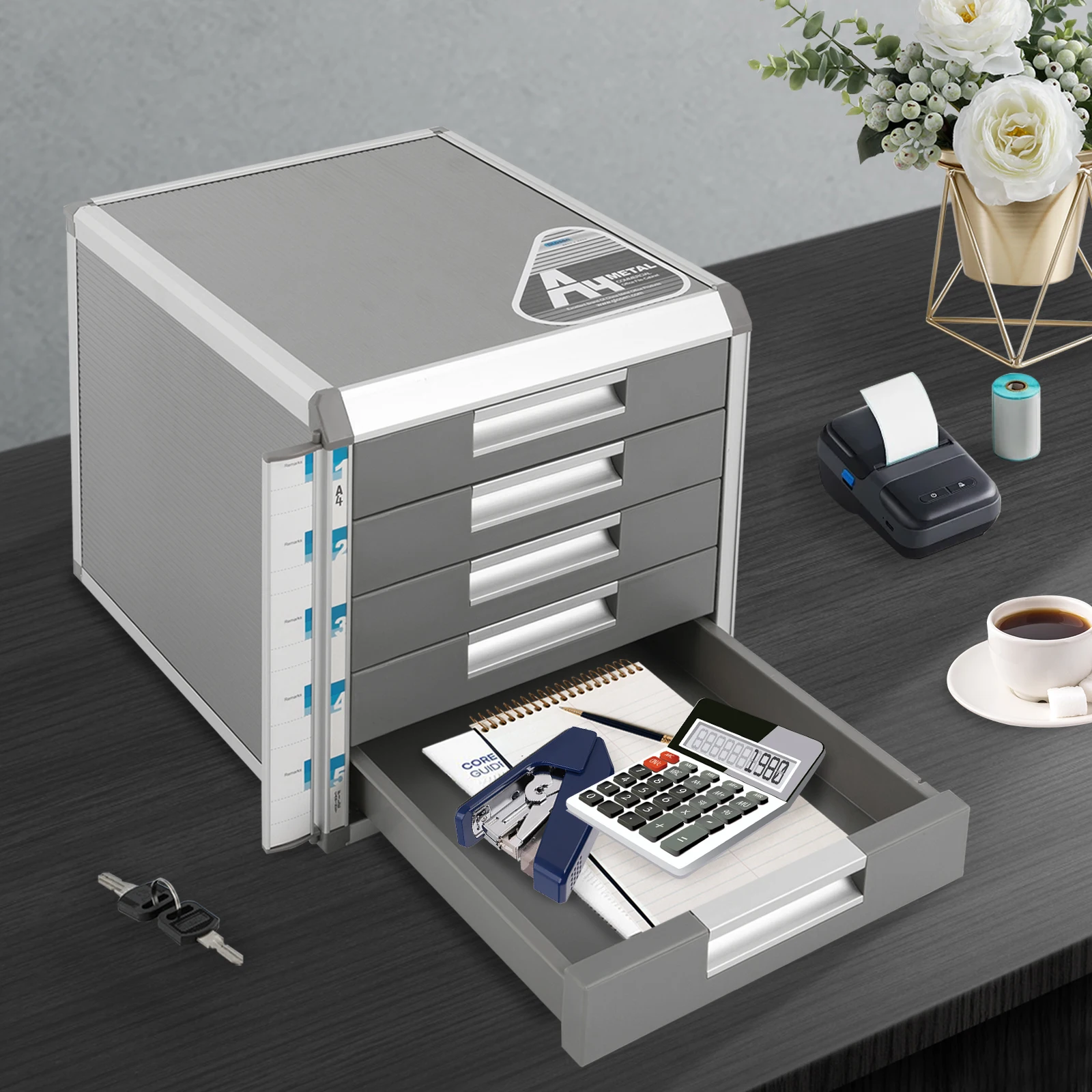 5-Drawer Locking File Organizer Cabinet, A4 File Storage Cabinet Aluminum Alloy for Office, Home, School for Documents, Cards