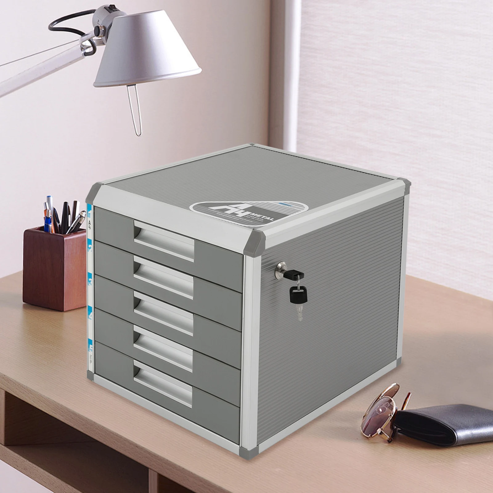 5-Drawer Locking File Organizer Cabinet, A4 File Storage Cabinet Aluminum Alloy for Office, Home, School for Documents, Cards