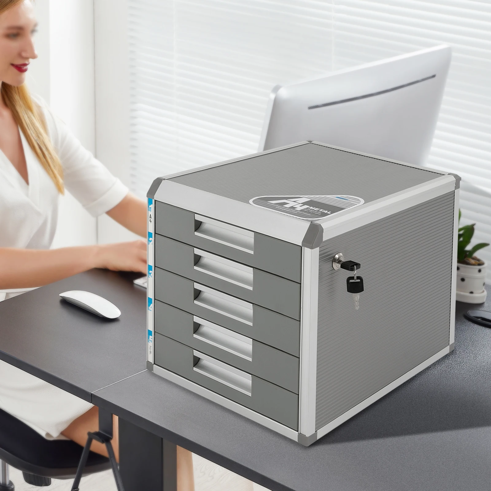 5-Drawer Locking File Organizer Cabinet, A4 File Storage Cabinet Aluminum Alloy for Office, Home, School for Documents, Cards