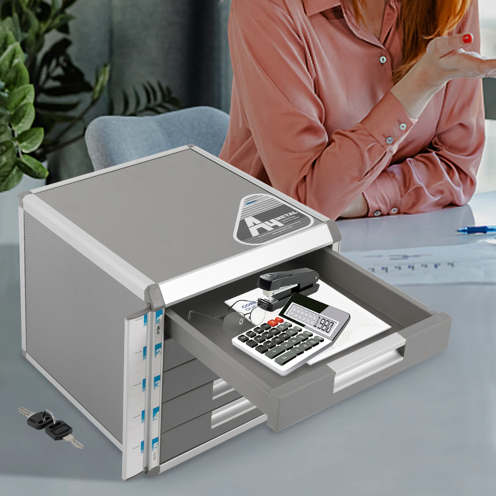 5-Drawer Locking File Organizer Cabinet, A4 File Storage Cabinet Aluminum Alloy for Office, Home, School for Documents, Cards