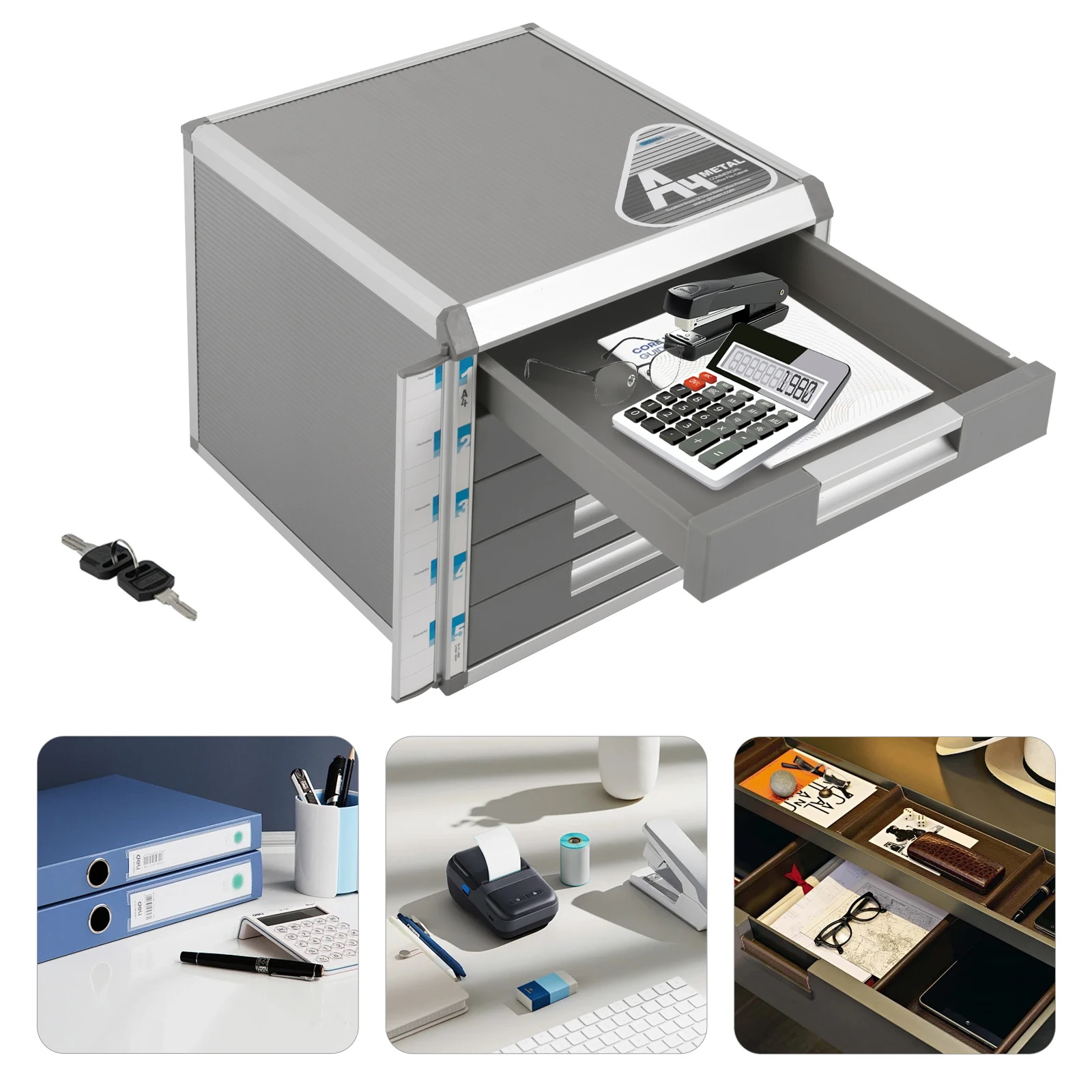 5-Drawer Locking File Organizer Cabinet, A4 File Storage Cabinet Aluminum Alloy for Office, Home, School for Documents, Cards