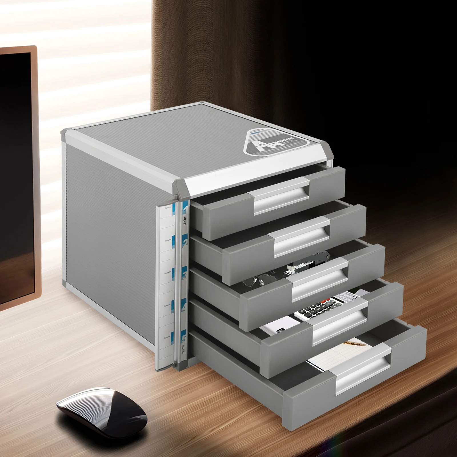 5-Drawer Locking File Organizer Cabinet, A4 File Storage Cabinet Aluminum Alloy for Office, Home, School for Documents, Cards