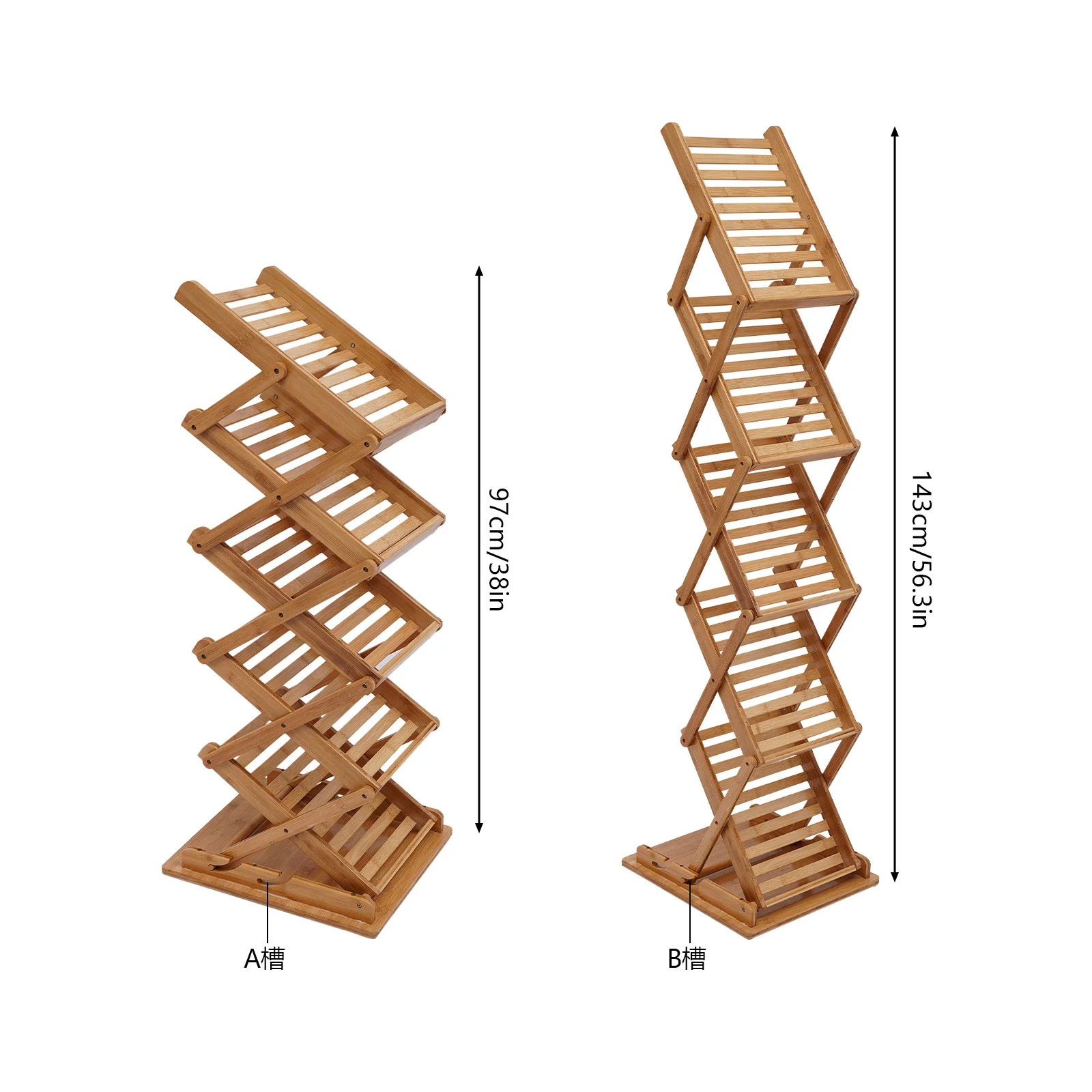 5-Tier Bamboo Magazine Rack Foldable, Portable Lightweight Floor Standing Display Holder for Office Bookstore, Storage Organizer