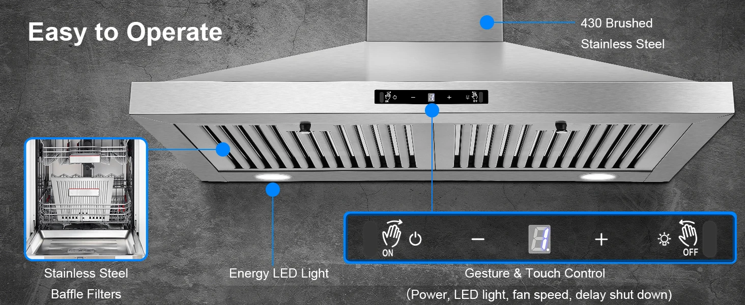 24/30 Inch Wall Mount 450CFM Stainless Kitchen Vent Gesture Sensing & Touch Control 3 Speed Range Hood