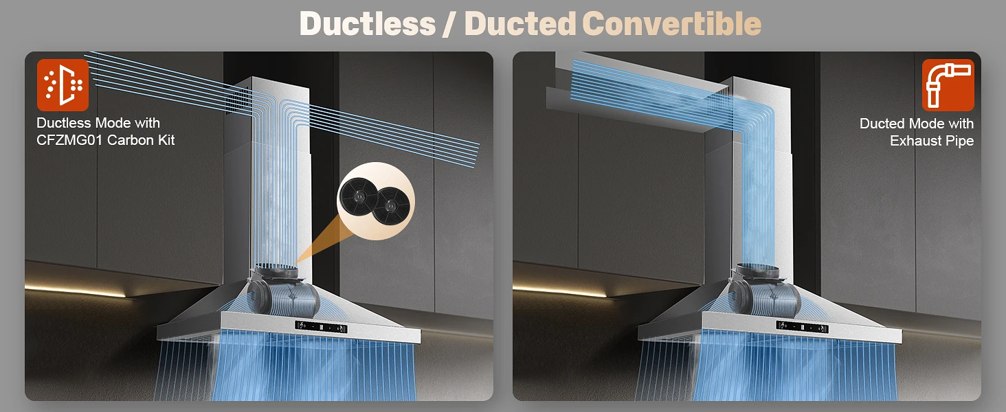 24/30 Inch Wall Mount 450CFM Stainless Kitchen Vent Gesture Sensing & Touch Control 3 Speed Range Hood