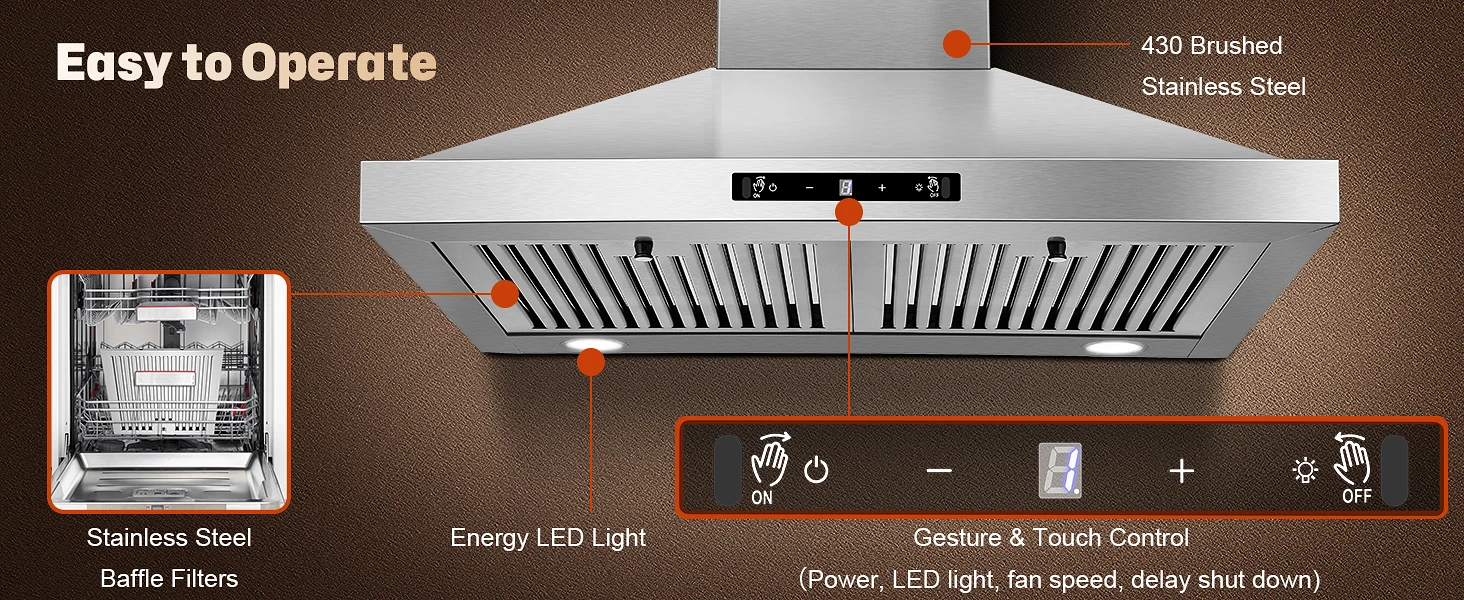 24/30 Inch Wall Mount 450CFM Stainless Kitchen Vent Gesture Sensing & Touch Control 3 Speed Range Hood