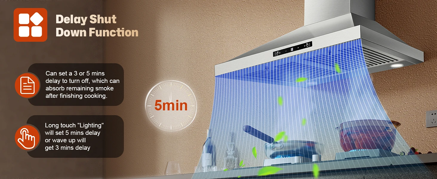 24/30 Inch Wall Mount 450CFM Stainless Kitchen Vent Gesture Sensing & Touch Control 3 Speed Range Hood