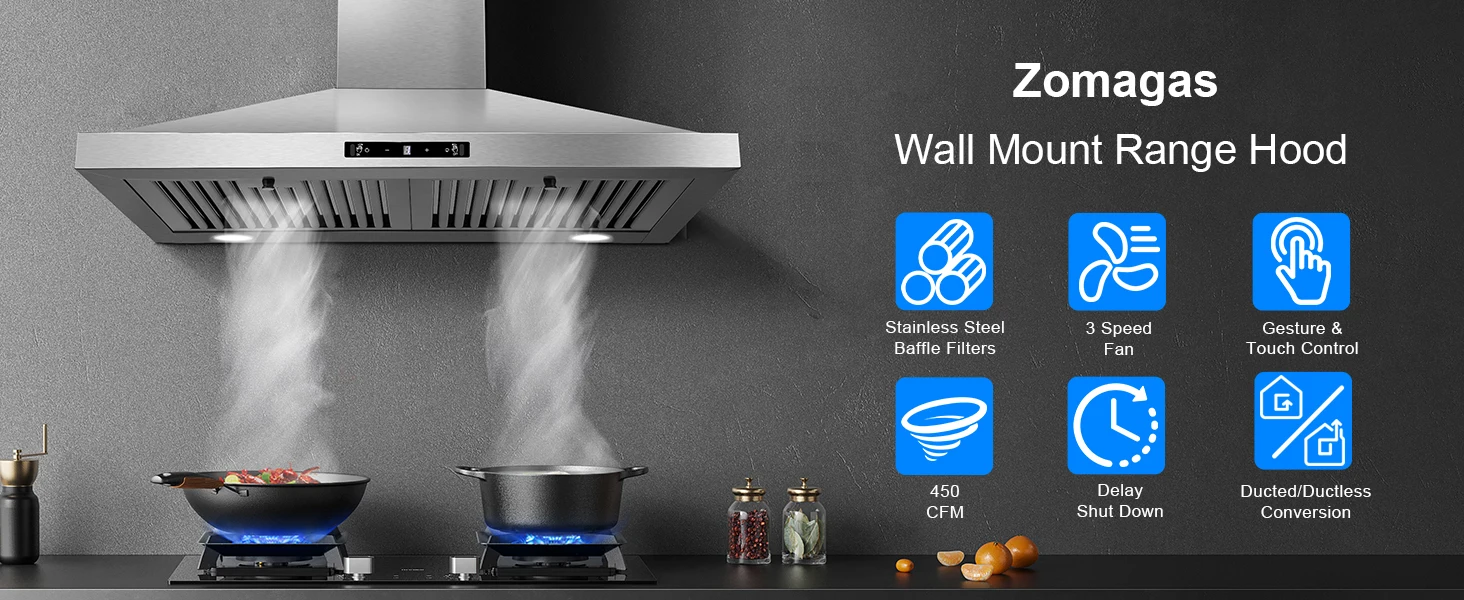 24/30 Inch Wall Mount 450CFM Stainless Kitchen Vent Gesture Sensing & Touch Control 3 Speed Range Hood