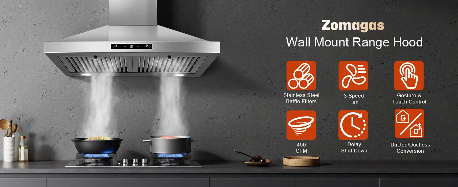 24/30 Inch Wall Mount 450CFM Stainless Kitchen Vent Gesture Sensing & Touch Control 3 Speed Range Hood