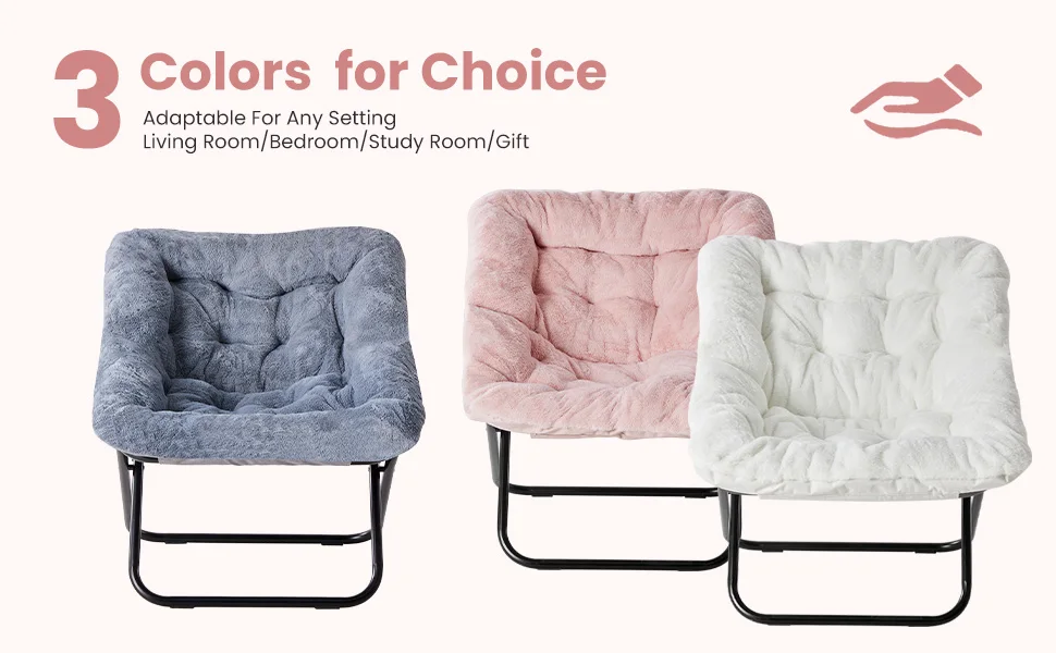 JHK 28IN Cozy Saucer Chairs Soft Faux Fur Large Size Folding Lounge Living Room Padded Seat Metal Frame Reading Chair Furniture