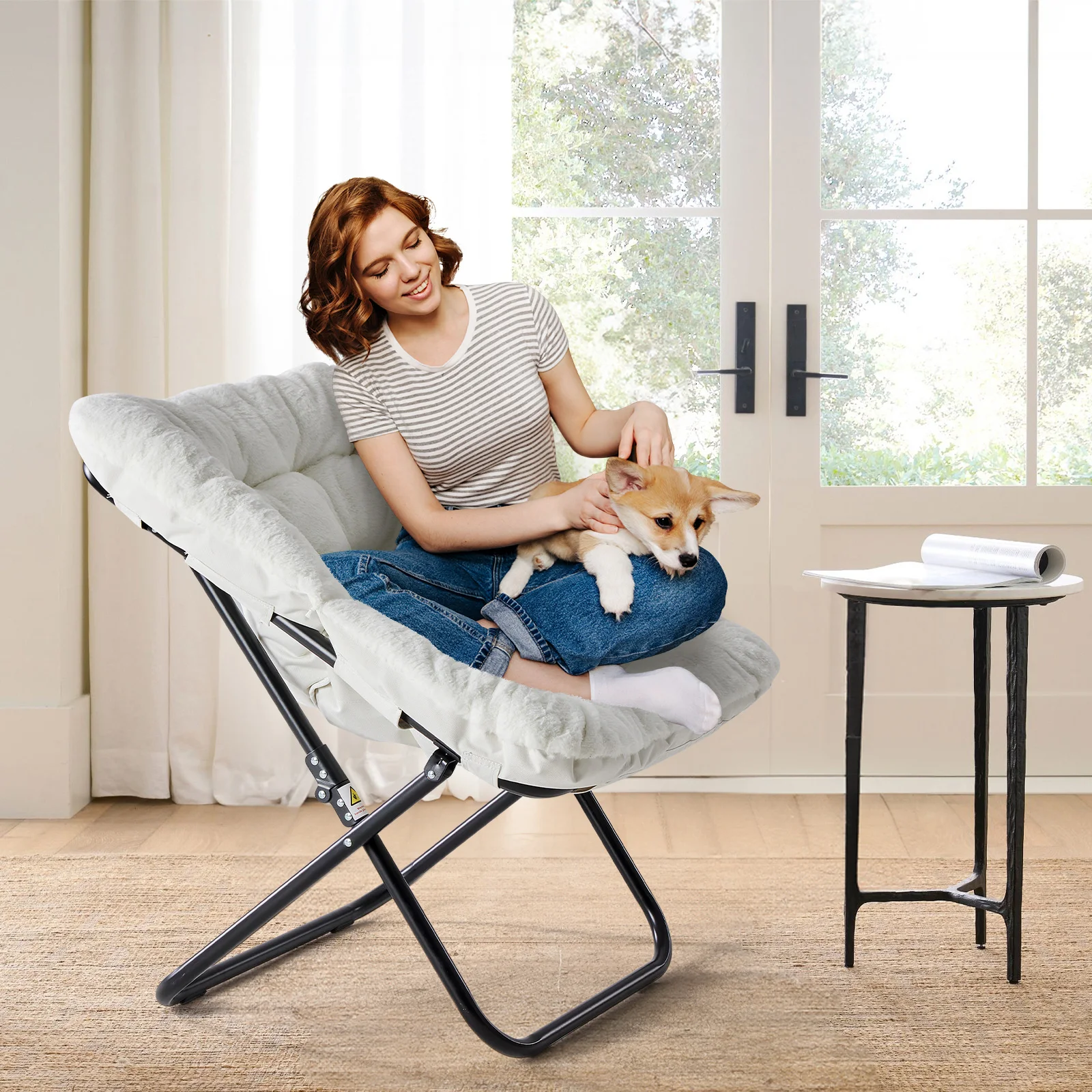 JHK 28IN Cozy Saucer Chairs Soft Faux Fur Large Size Folding Lounge Living Room Padded Seat Metal Frame Reading Chair Furniture