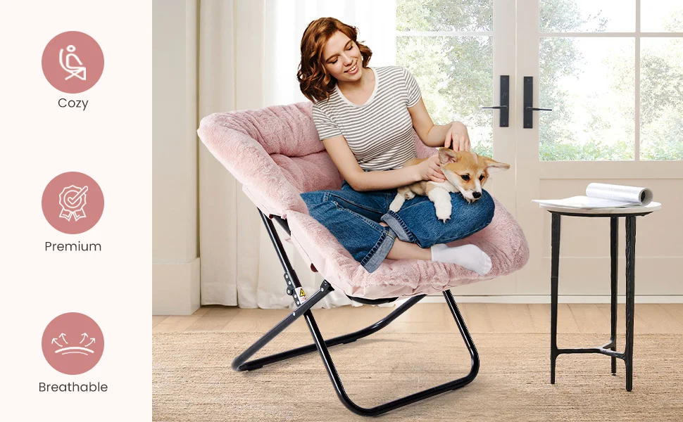 JHK 28IN Cozy Saucer Chairs Soft Faux Fur Large Size Folding Lounge Living Room Padded Seat Metal Frame Reading Chair Furniture