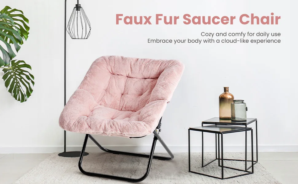 JHK 28IN Cozy Saucer Chairs Soft Faux Fur Large Size Folding Lounge Living Room Padded Seat Metal Frame Reading Chair Furniture