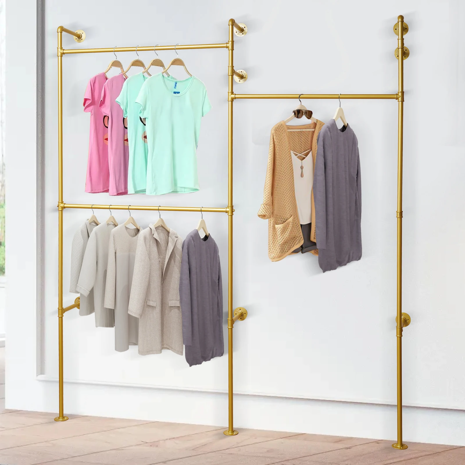Gold 3-Tier Clothing Rack Wall Mounted Industrial Pipe Garment Rack Heavy Duty Metal Garment Frame for Home Clothing Store Hotel
