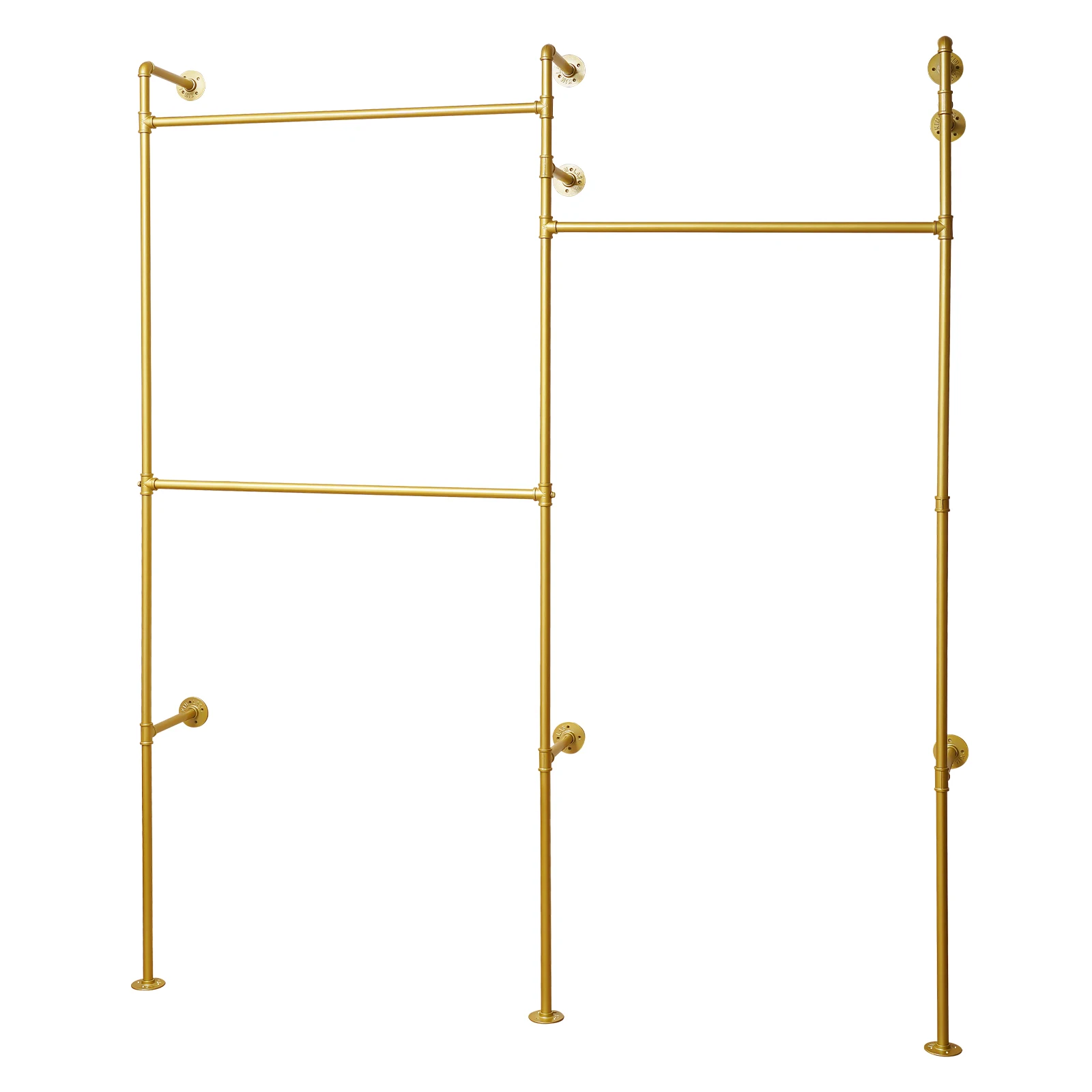 Gold 3-Tier Clothing Rack Wall Mounted Industrial Pipe Garment Rack Heavy Duty Metal Garment Frame for Home Clothing Store Hotel