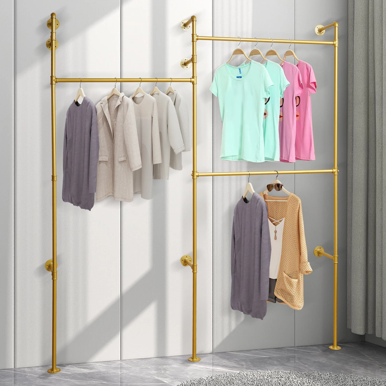 Gold 3-Tier Clothing Rack Wall Mounted Industrial Pipe Garment Rack Heavy Duty Metal Garment Frame for Home Clothing Store Hotel