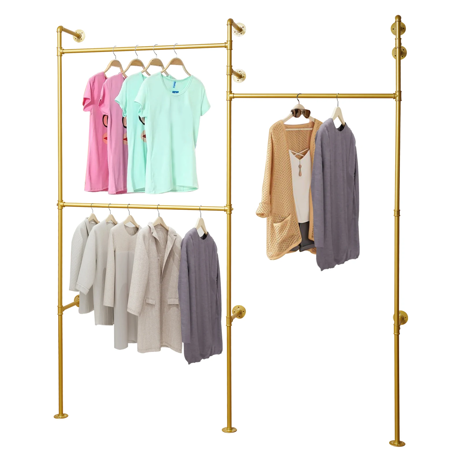 Gold 3-Tier Clothing Rack Wall Mounted Industrial Pipe Garment Rack Heavy Duty Metal Garment Frame for Home Clothing Store Hotel