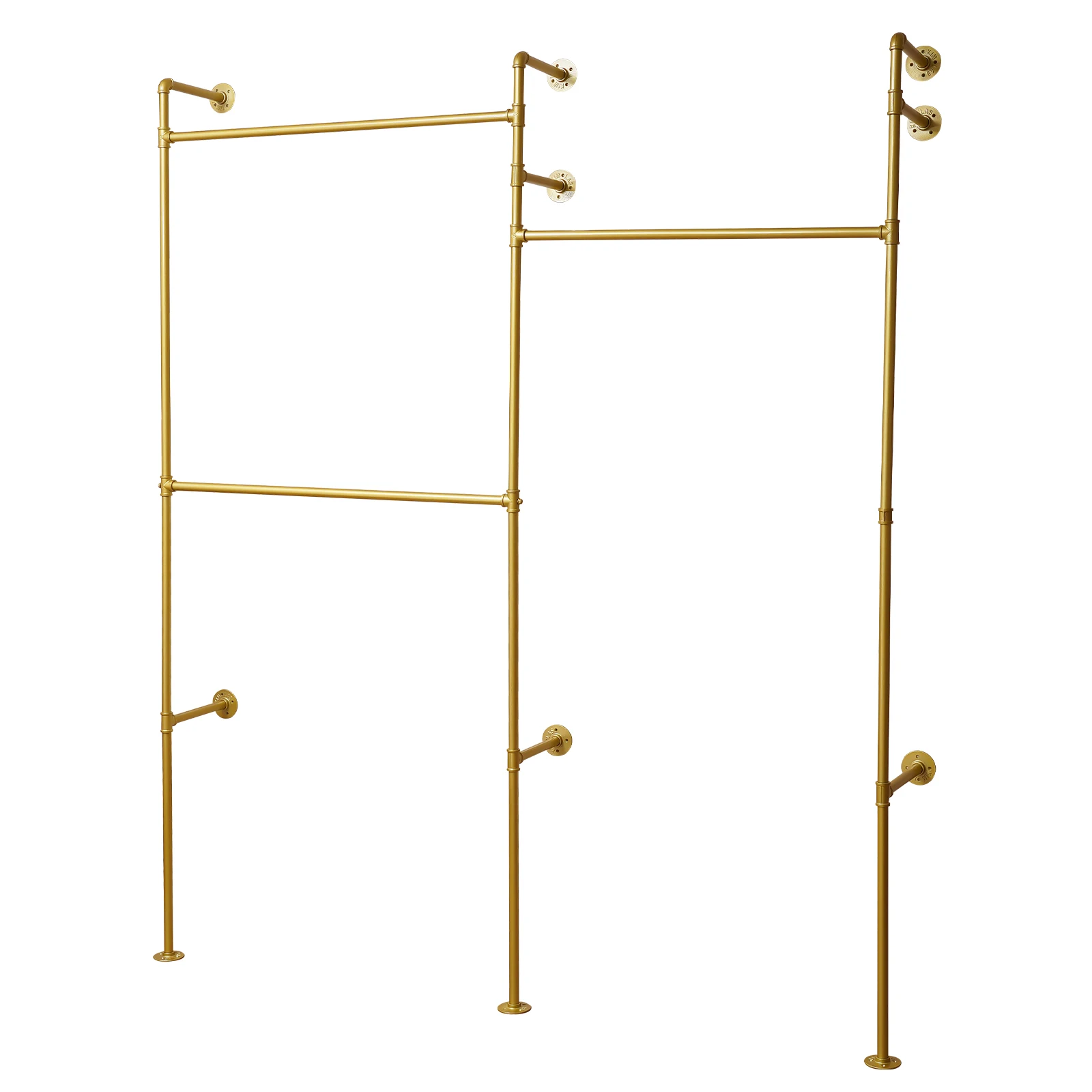 Gold 3-Tier Clothing Rack Wall Mounted Industrial Pipe Garment Rack Heavy Duty Metal Garment Frame for Home Clothing Store Hotel
