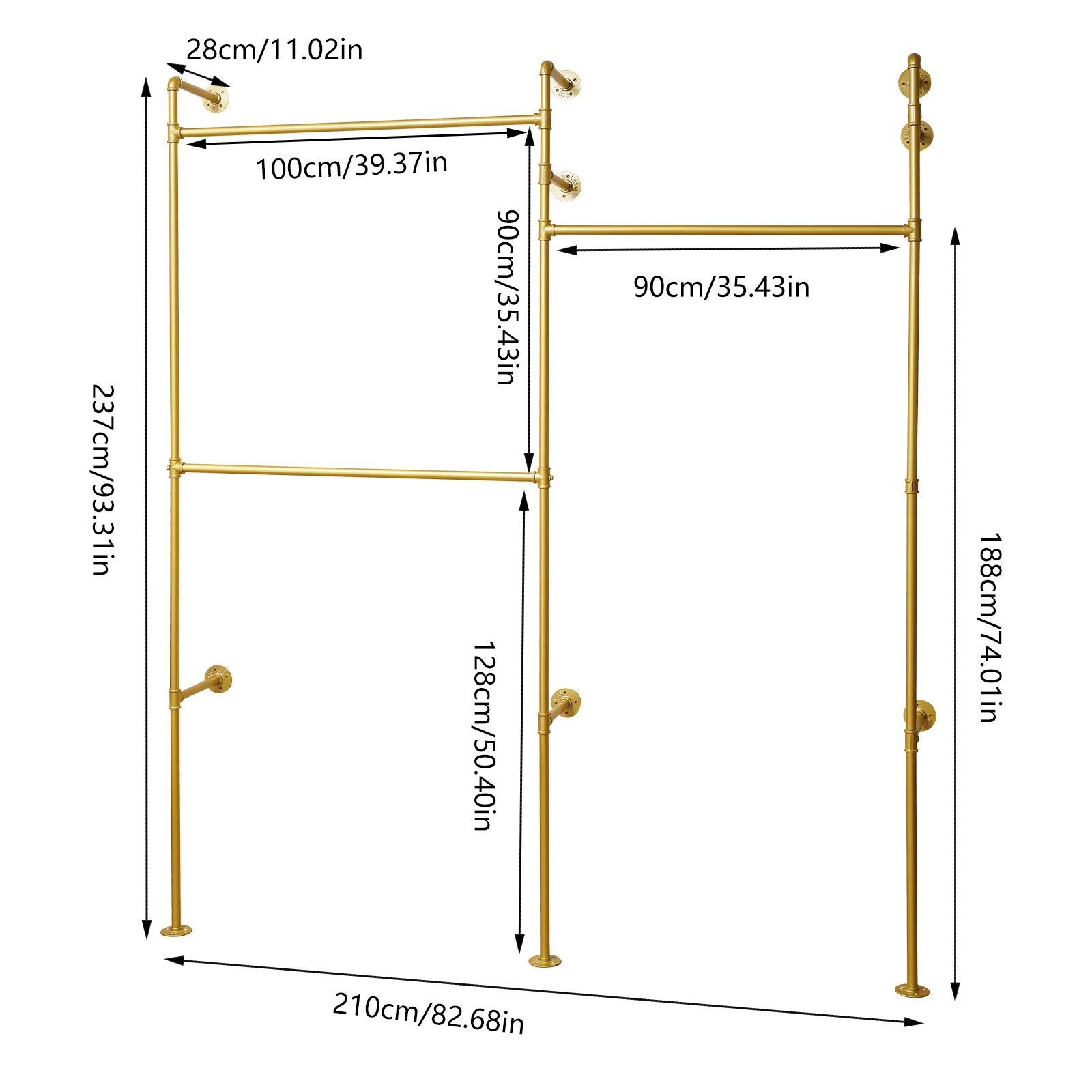 Gold 3-Tier Clothing Rack Wall Mounted Industrial Pipe Garment Rack Heavy Duty Metal Garment Frame for Home Clothing Store Hotel